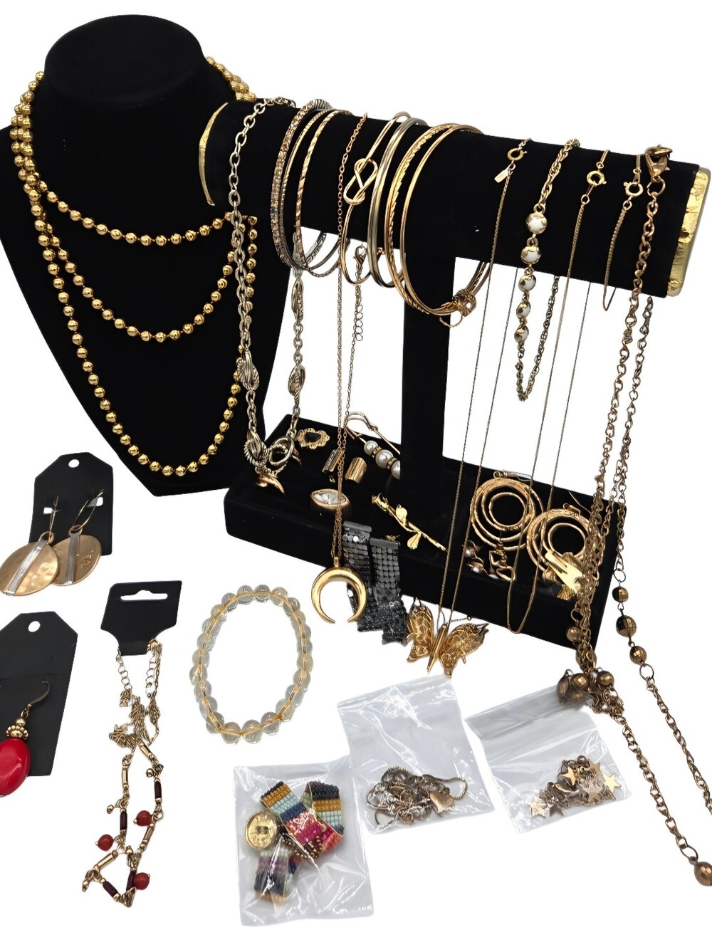 Vintage Gold Tone Layered Necklaces,Bracelets,rings Lot- Women Jewelry